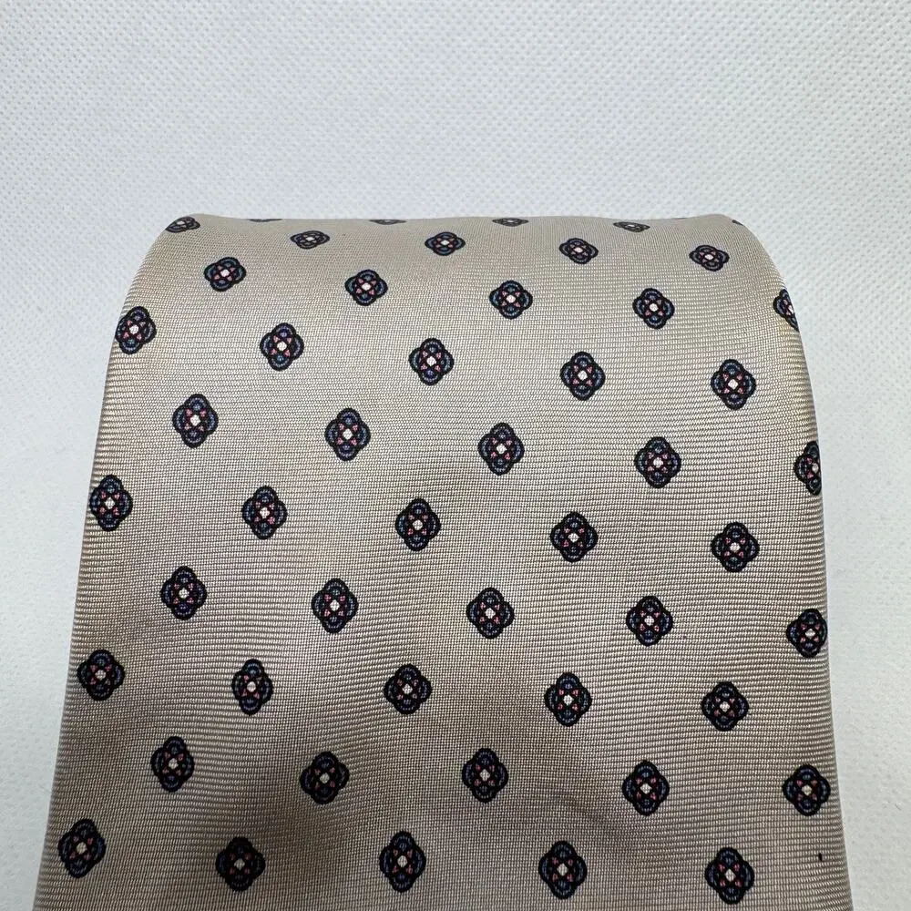 G. Galvani Men's Tie 100% Silk Beige Navy Foulard Medallion Made In Italy
